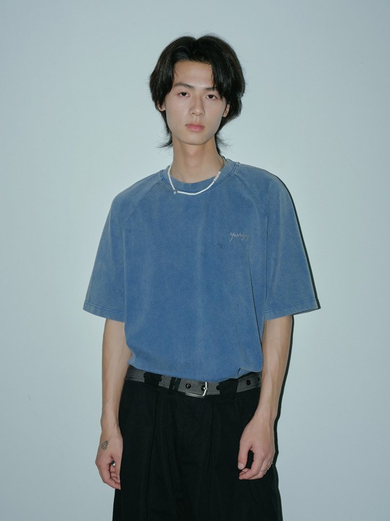 潮汐的聲音 牛仔色刺繡短袖T恤 - 男 T 恤 - 其他材質 藍色