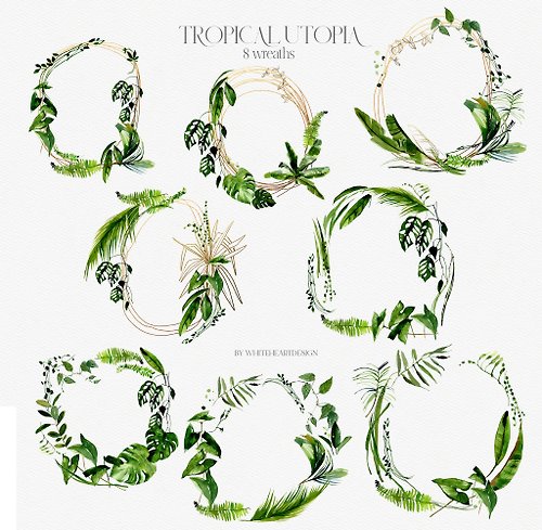 Whiteheartdesign Tropical Greenery Watercolor Floral Clipart Green Tropic Leaves Arrangement