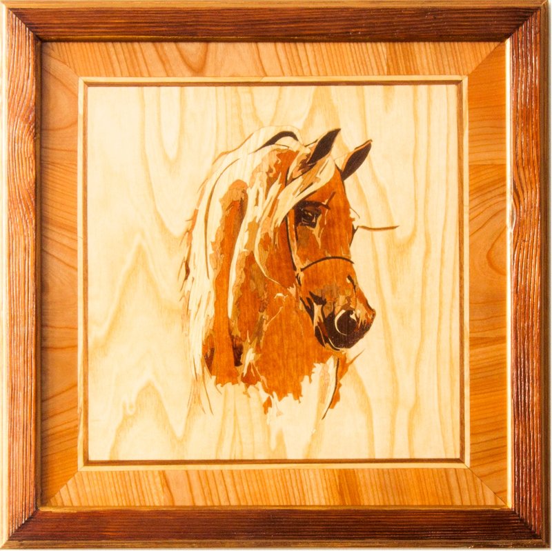 Horse 1 wood mosaic framed panel inlay marquetry veneer wall art home decor eco - 壁貼/牆壁裝飾 - 木頭 橘色