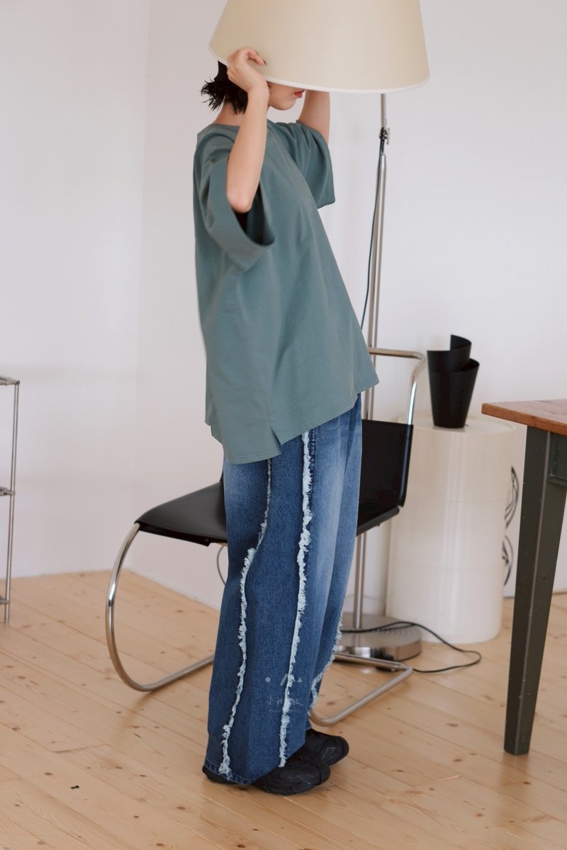 什錦燒破壞條牛仔寬褲 - 女長褲 - 棉．麻 藍色