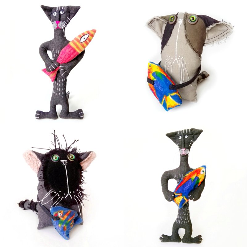 Handmade Cats: Whimsical Fabric Interior Toys, One-of-a-Kind Unique Art Dolls. - ตุ๊กตา - ผ้าฝ้าย/ผ้าลินิน หลากหลายสี