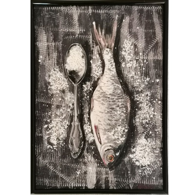 Fish And Salt Original Framed Wall Art Kitchen Painting By RinaArtSK - Wall Décor - Other Materials Black