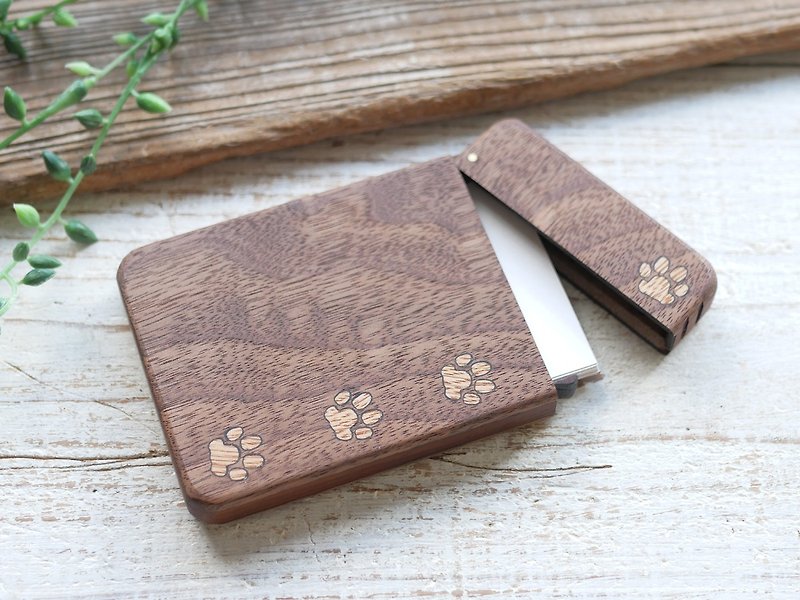 Wooden business card holder / walnut / white paw pad - Card Holders & Cases - Wood Brown