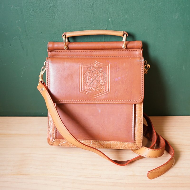 [Arctic second-hand groceries] Vintage BELLE ROSE Italian genuine leather handbag gift - Messenger Bags & Sling Bags - Genuine Leather Brown