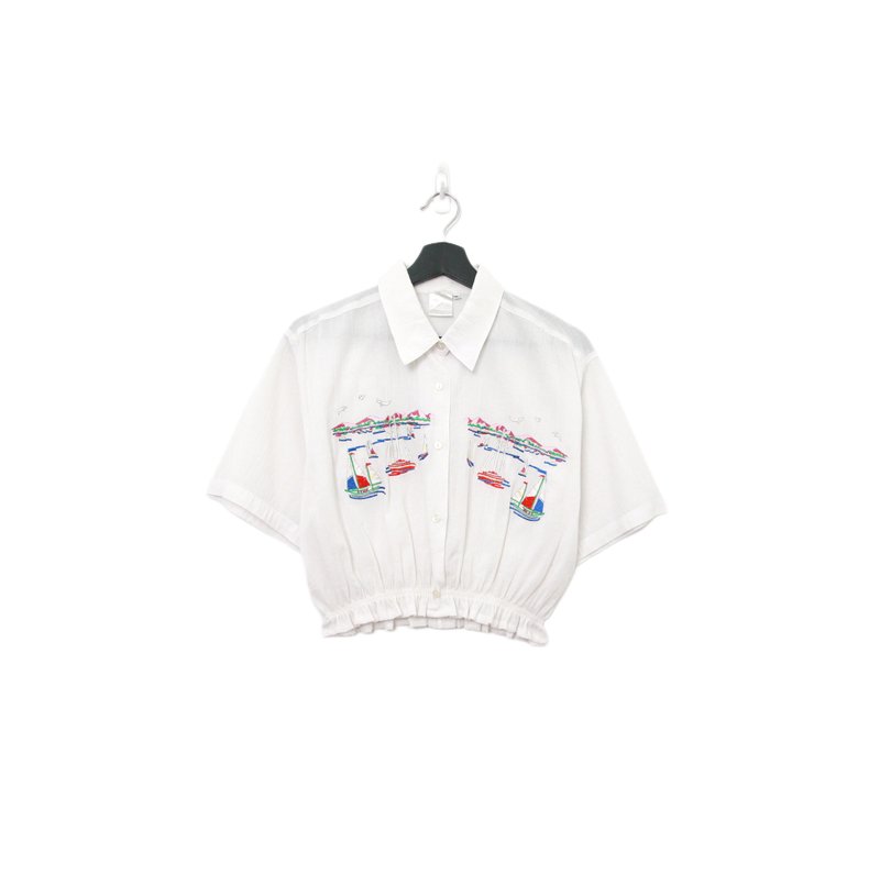 Back to Green-再製刺繡白襯衫 彩色帆船 ws-02//vintage shirt - 女襯衫 - 棉．麻 