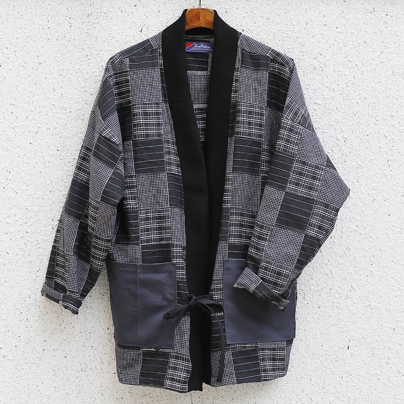 黑色拼布Kimono - 男夾克/外套 - 棉．麻 