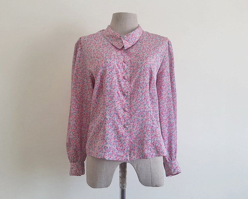 Small Vintage Pink Floral Print Blouse Womens Long Puff Sleeve Shirt S - 女上衣/長袖上衣 - 聚酯纖維 粉紅色