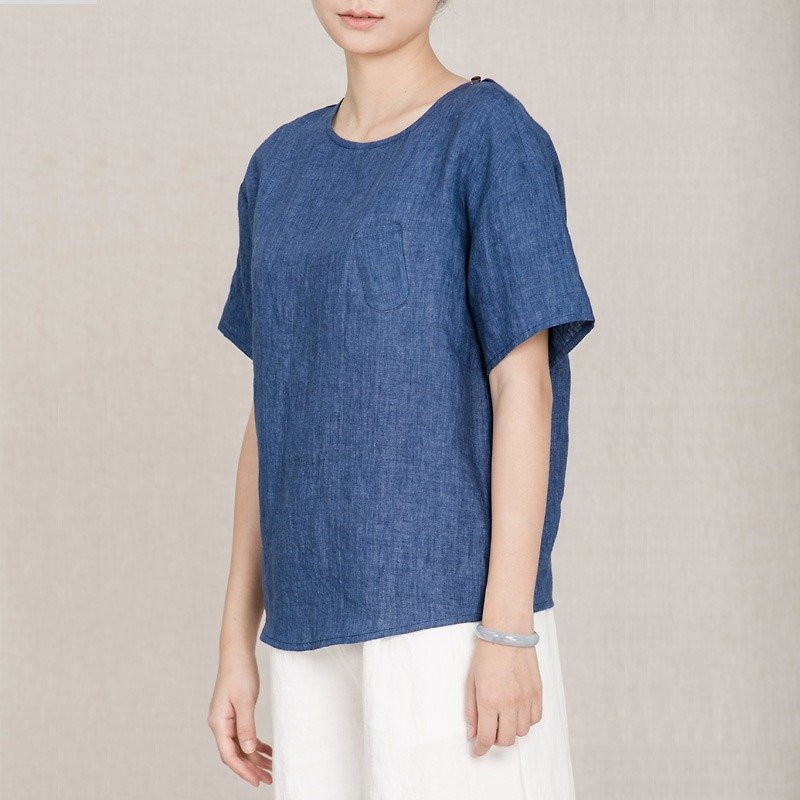 BUFU basic linen pocket shirt / blue  SH161018B - Women's Shirts - Cotton & Hemp Blue