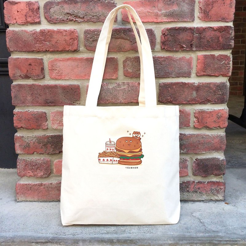 Hamburger's daily canvas shoulder bag (tote bag) hand-printed Canvas bag - กระเป๋าแมสเซนเจอร์ - ผ้าฝ้าย/ผ้าลินิน ขาว