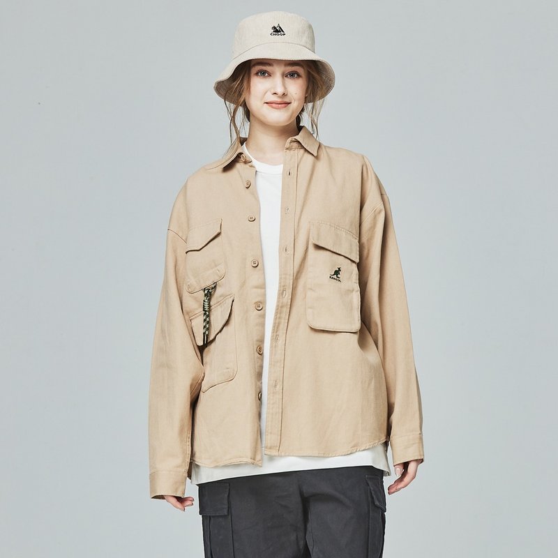 KANGOL袋鼠工裝口袋襯衫外套-卡其 - 女大衣/外套 - 棉．麻 