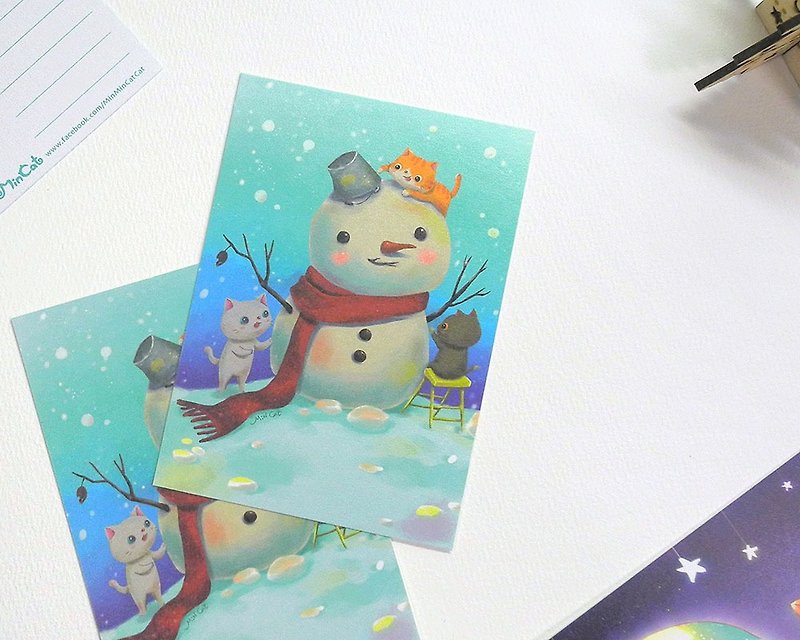 貓貓一起來堆雪人 明信片 - 心意卡/卡片 - 紙 藍色