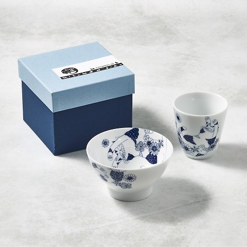 有種創意 日本食器 日本美濃燒 - 花園藍貓杯碗-禮盒組(2件式)