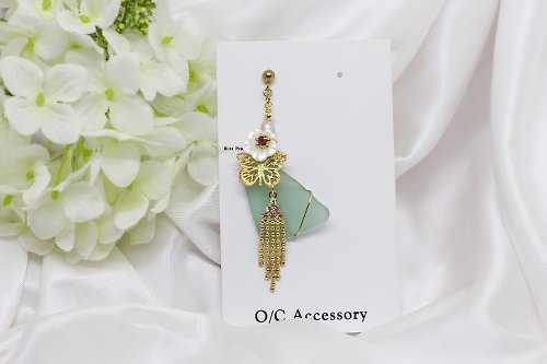 O/C accessory 【夏季海洋植物系列】【單邊 】單色海玻璃 貝殼雕花蝴蝶珍珠耳環