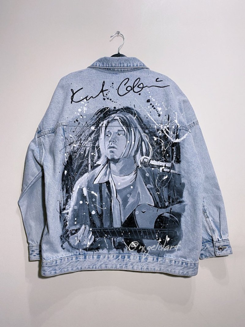 Painted Denim Jacket Handmade Custom Kurt Cobain Nirvana Gift - 女大衣/外套 - 棉．麻 多色