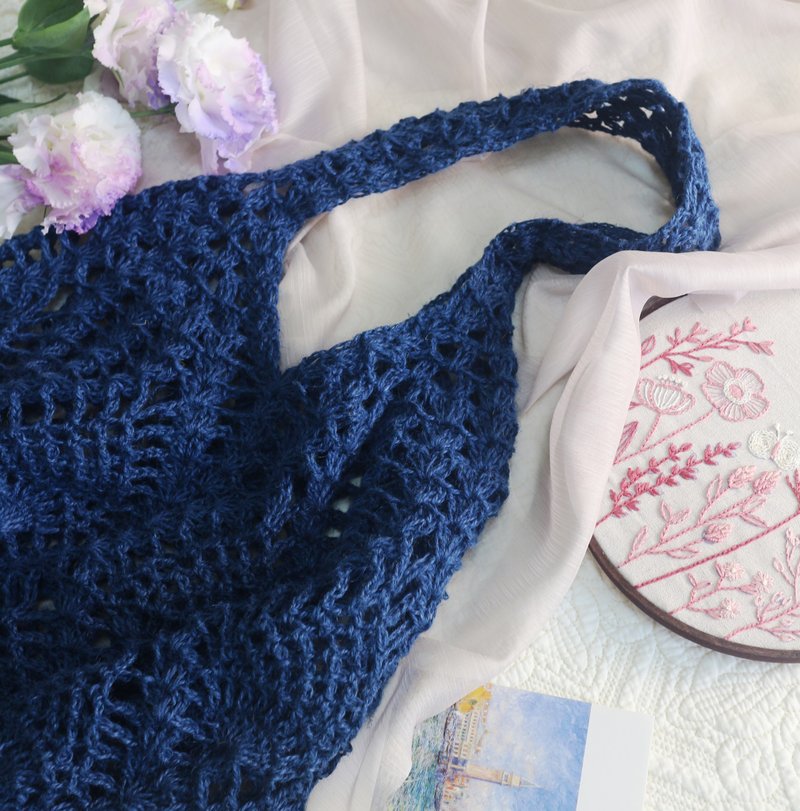 【現貨】Handmade手工編織/黃麻繩編織網袋/購物袋/肩背包/麻繩包 - 手提包/手提袋 - 棉．麻 藍色