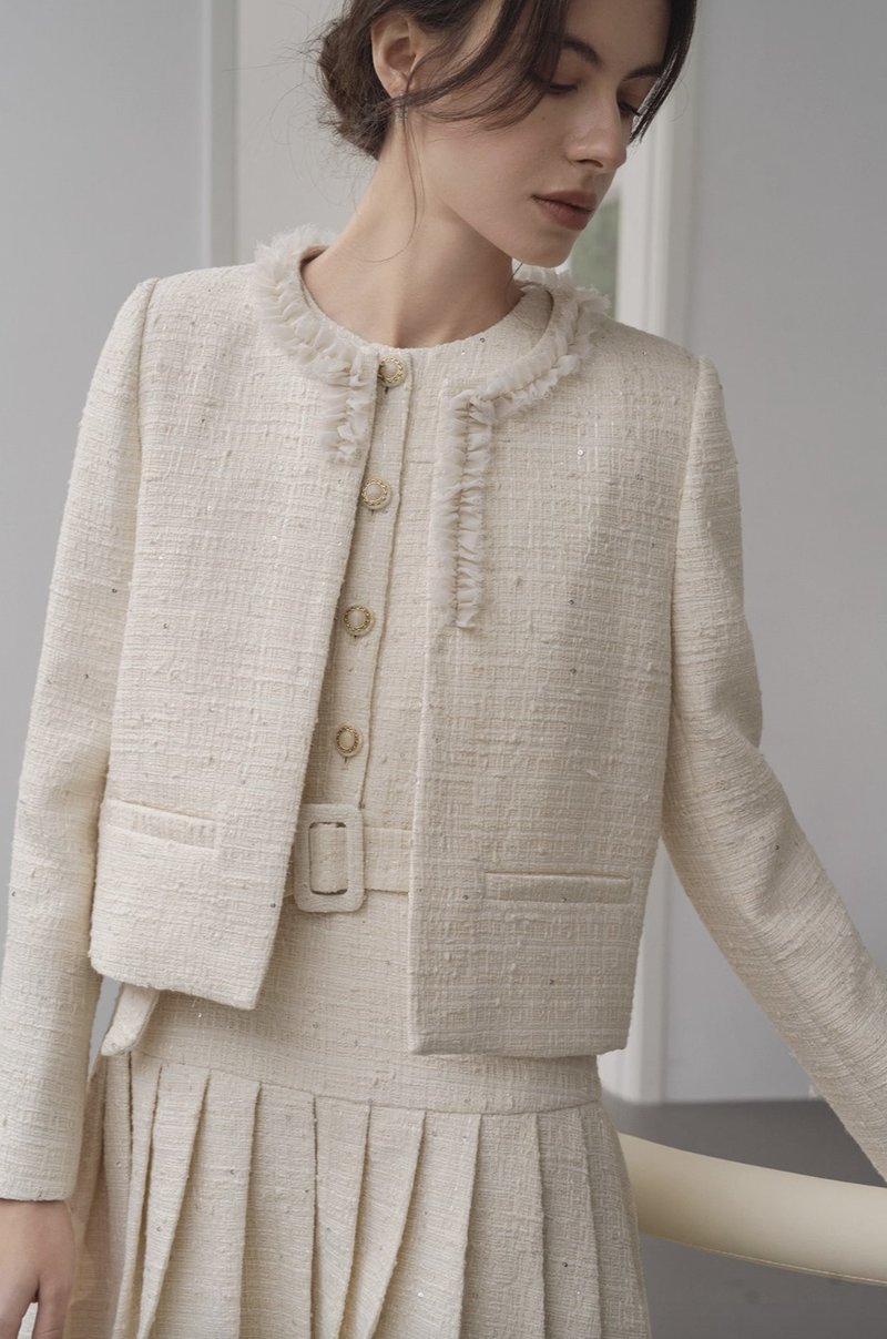 法式極簡 真絲花邊外套 無袖百褶連身裙套裝 - 女上衣/長袖上衣 - 其他材質 多色