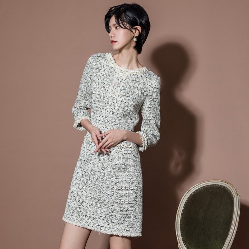 【MEDUSA】Gray Pearl Chanel-style Tweed Dress - ชุดเดรส - เส้นใยสังเคราะห์ สีเทา