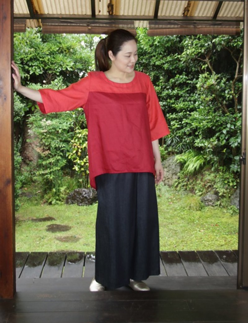 Linen T blouse (orange red) - Women's Tops - Cotton & Hemp 