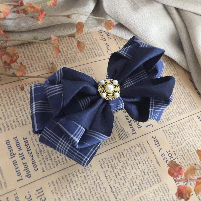 Zhangqing / Plaid Multilayer Three-dimensional Bow Shark Clip Auto Clip Hair Tie Ponytail Clip Intersecting Clip - เครื่องประดับผม - วัสดุอื่นๆ สีน้ำเงิน