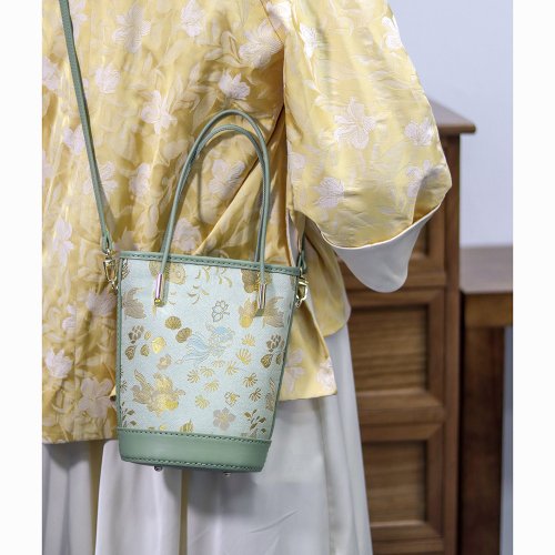 Flower shop 花兒說 真皮拼布手提包 國風宋錦兩用手拎水桶包 手作handmade 金魚海藻