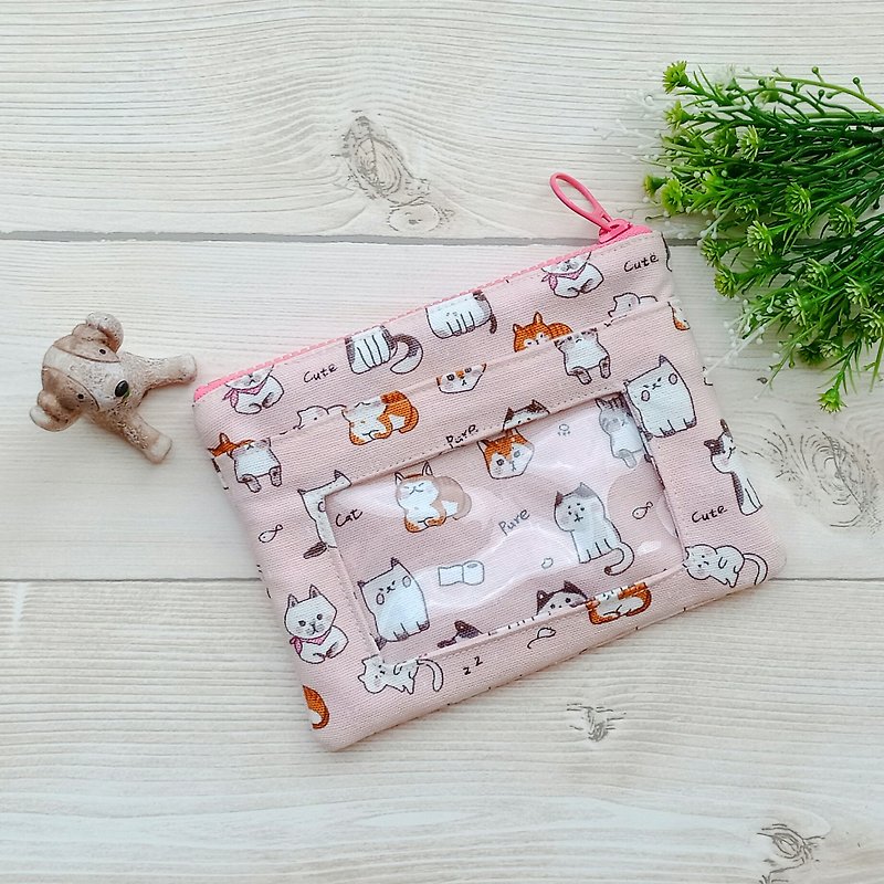 [Double Layer Coin Purse] Cat Meow Meow - Coin Purses - Cotton & Hemp Pink