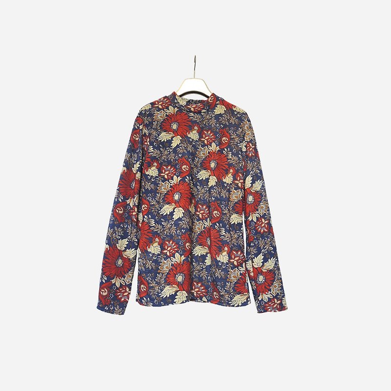 Dislocation vintage / blue red flower short collar shirt no.1033 vintage - Women's Tops - Polyester Blue