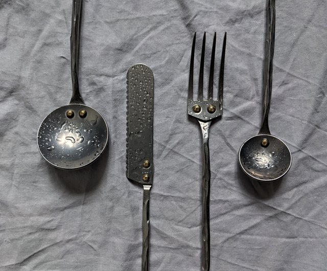 Vintage Cast Iron Utensil Set Fork, Spoon, Ladle And Strainer