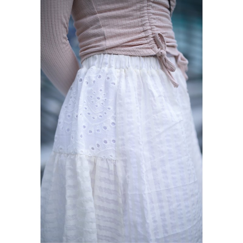 香港原創手製米白拼布橡筋腰半身裙 限量日本布 - 裙子/長裙 - 棉．麻 白色