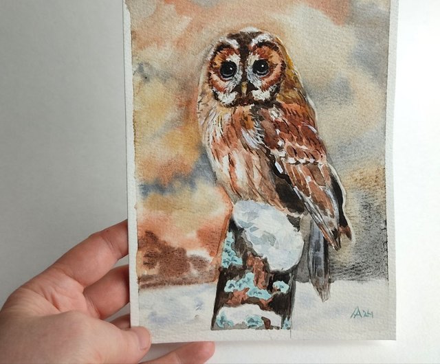フクロウの絵画オリジナルの水彩画アート鳥のアートワーク野生