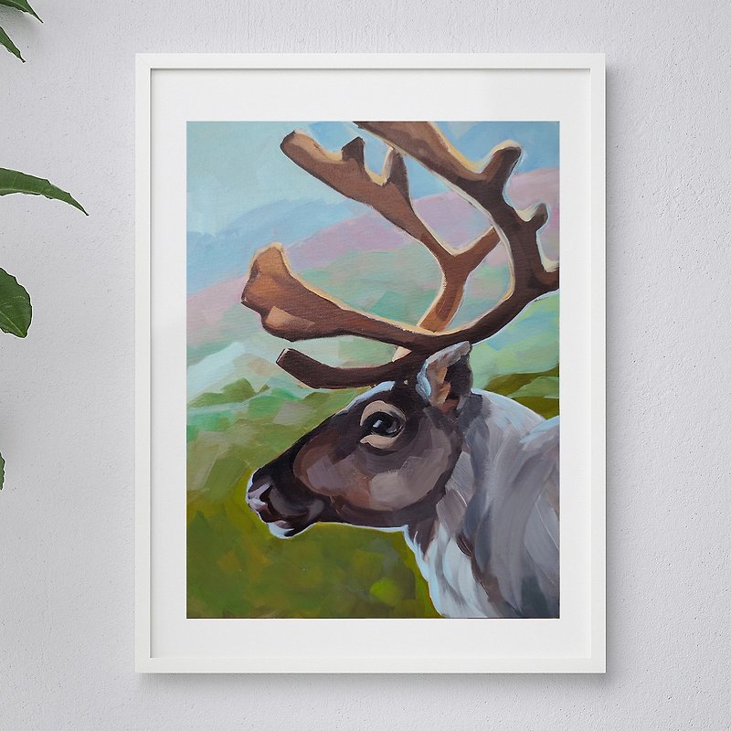 キャンバスに描かれた原画 鹿のポスター 鹿の絵 - ウォールデコ・壁紙 - コットン・麻 