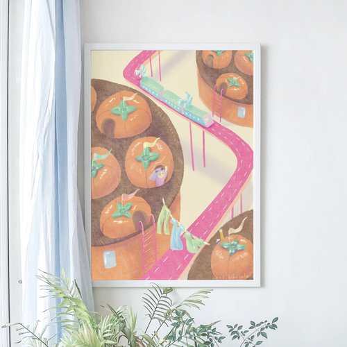 韓国製？ 大きいサイズの枝付き柿の絵画 幅約95cm 水彩画 韓国製？ 大きいサイズの枝付き柿の絵画 幅約95cm 水彩画 絵画【柿】