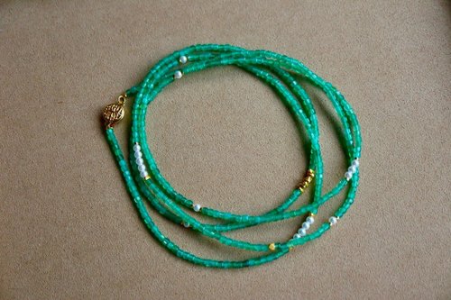 Angel's tears 天使之淚 Jewelry Design 3mm天然原礦綠玉髓 水晶珍珠設計多圈手串項鍊ms