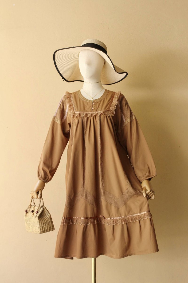 VINTAGE Baby doll, mori style, A-line loose dress, Free size - One Piece Dresses - Cotton & Hemp Brown