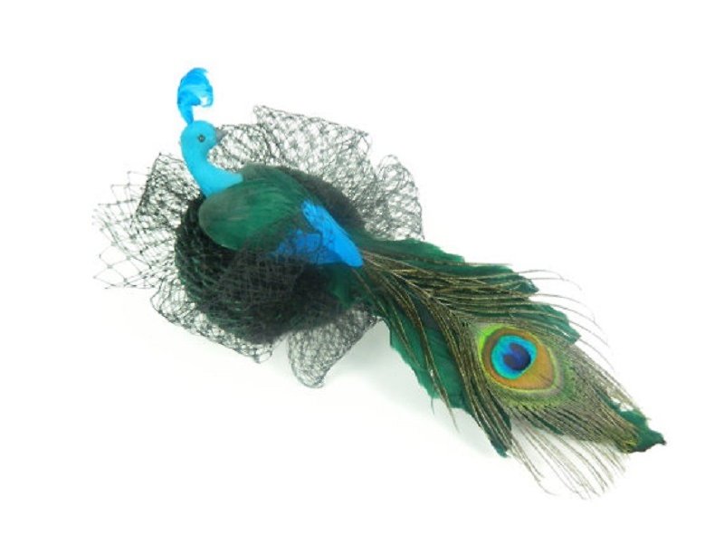 Fascinator Headpiece with Feathered Peacock Emerald Green & Turquoise with Black Veil - Cocktail Hat Burlesque Show Girl - เครื่องประดับผม - วัสดุอื่นๆ หลากหลายสี