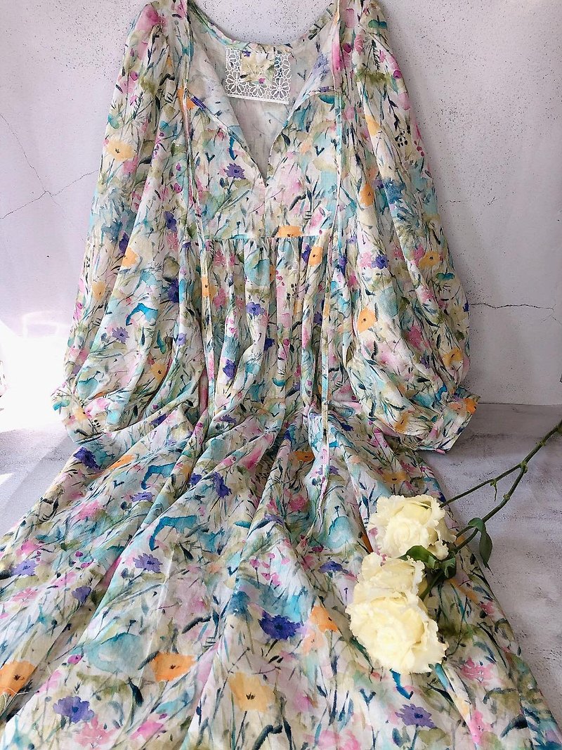 Spring breeze swaying flowers and Linen and linen neckline strap arc throwing sleeves high waistline long dress - One Piece Dresses - Cotton & Hemp Multicolor