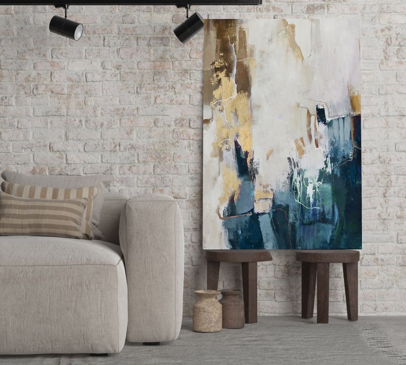Blue Gold Painting | Blue Gold Abstract | Blue Wall Art | Blue Art | Breeze 2 - 壁貼/牆壁裝飾 - 棉．麻 藍色