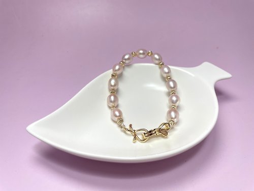 Athena珍珠設計 半蝴蝶結 天然淡水珍珠 極光粉 純銀 手鏈