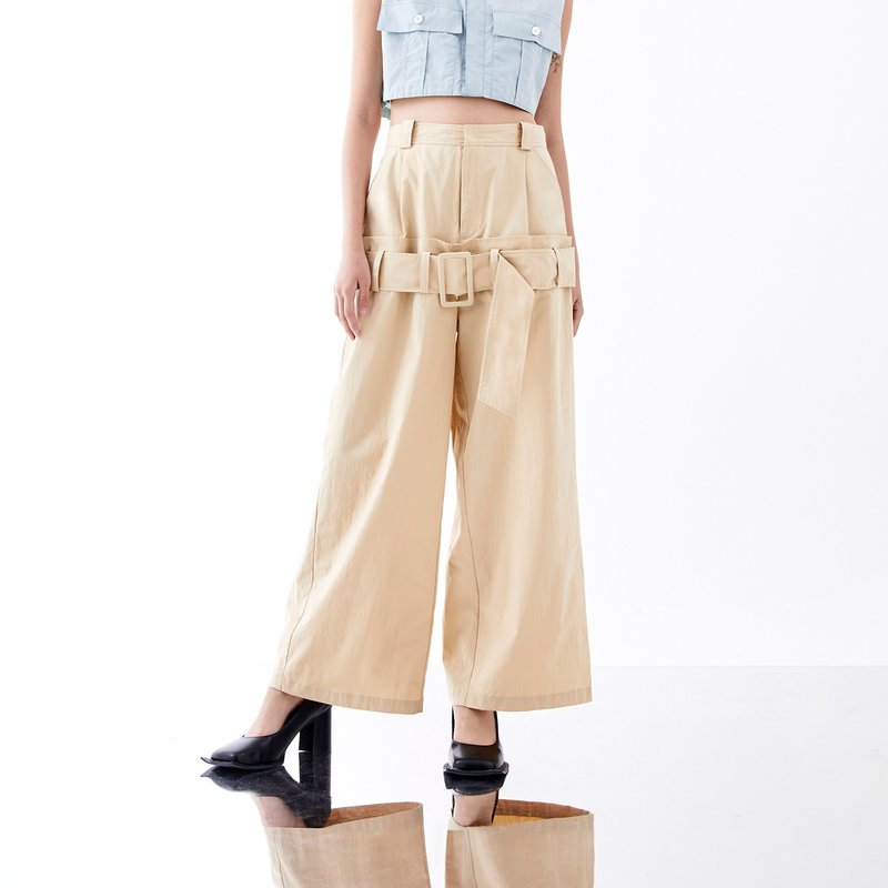 Deconstructed Belt Wide-Leg Trousers - กางเกงขายาว - ไนลอน สีกากี