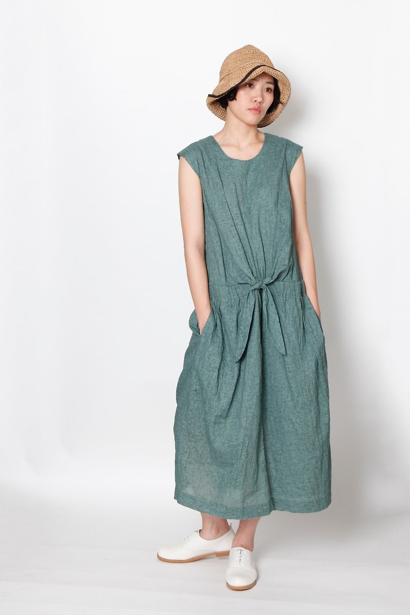 And – 茶舞派對 – 小蓋袖綁帶洋裝 - 洋裝/連身裙 - 棉．麻 綠色