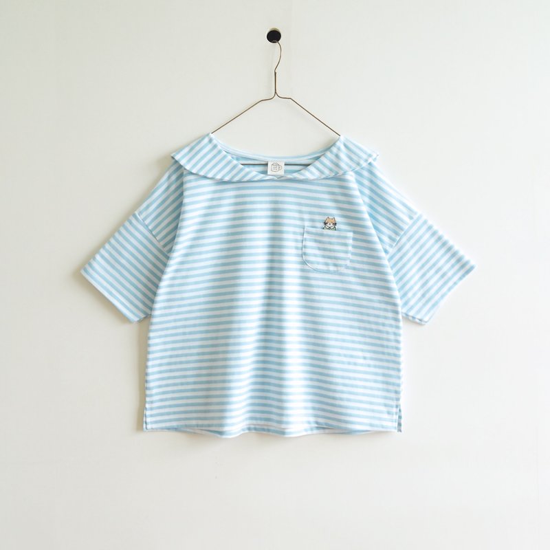 cat pocket little cape collar t-shirt : blue × white - 女 T 恤 - 聚酯纖維 藍色