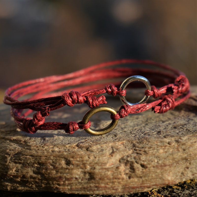 Metal ring cord anklet Adjustable string bracelet Cotton cord wristband - Anklets & Ankle Bracelets - Cotton & Hemp Multicolor