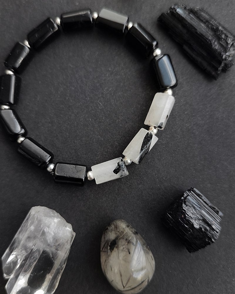 Black Tourmaline and Tourmaline Quartz Bracelet / Protection amulet - สร้อยข้อมือ - เครื่องประดับพลอย สีดำ