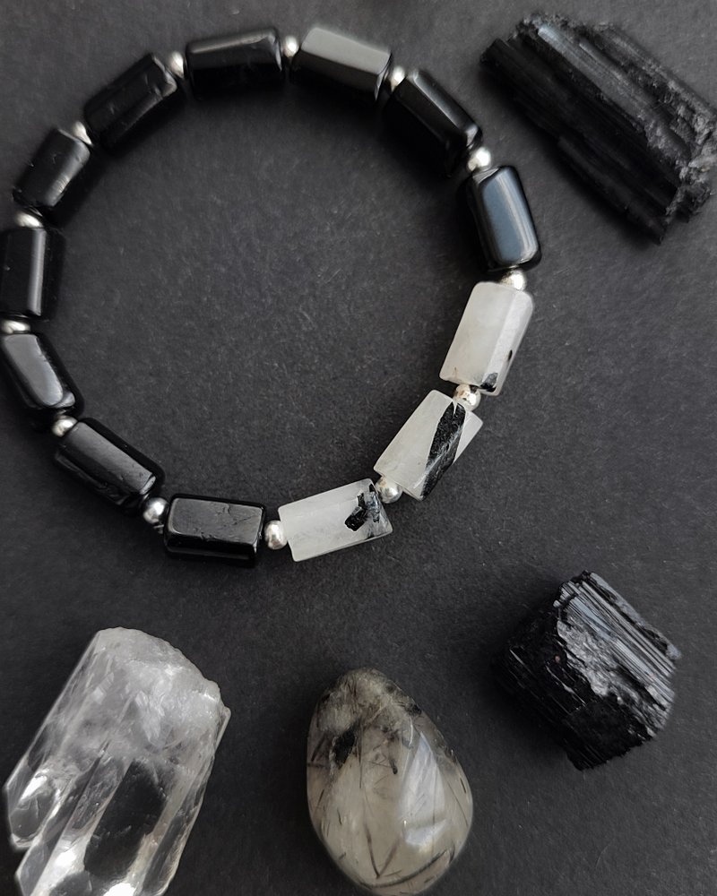 Black Tourmaline and Tourmaline Quartz Bracelet / Protection amulet - Bracelets - Semi-Precious Stones Black