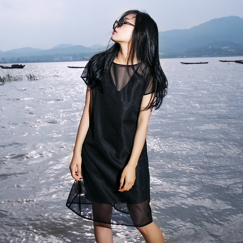 Annie Chen Serenade original design black and white 2016 summer short-sleeved two-piece dresses new fashion mesh dress - กระโปรง - วัสดุอื่นๆ สีดำ