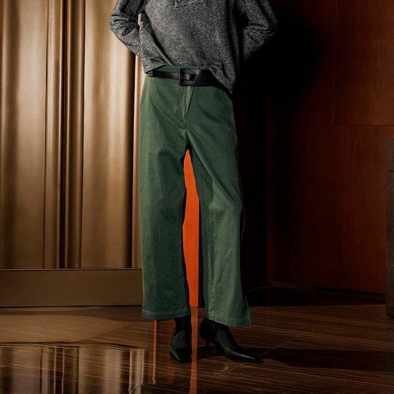 智性斜裁開襟直筒褲 - 女長褲 - 其他材質 綠色