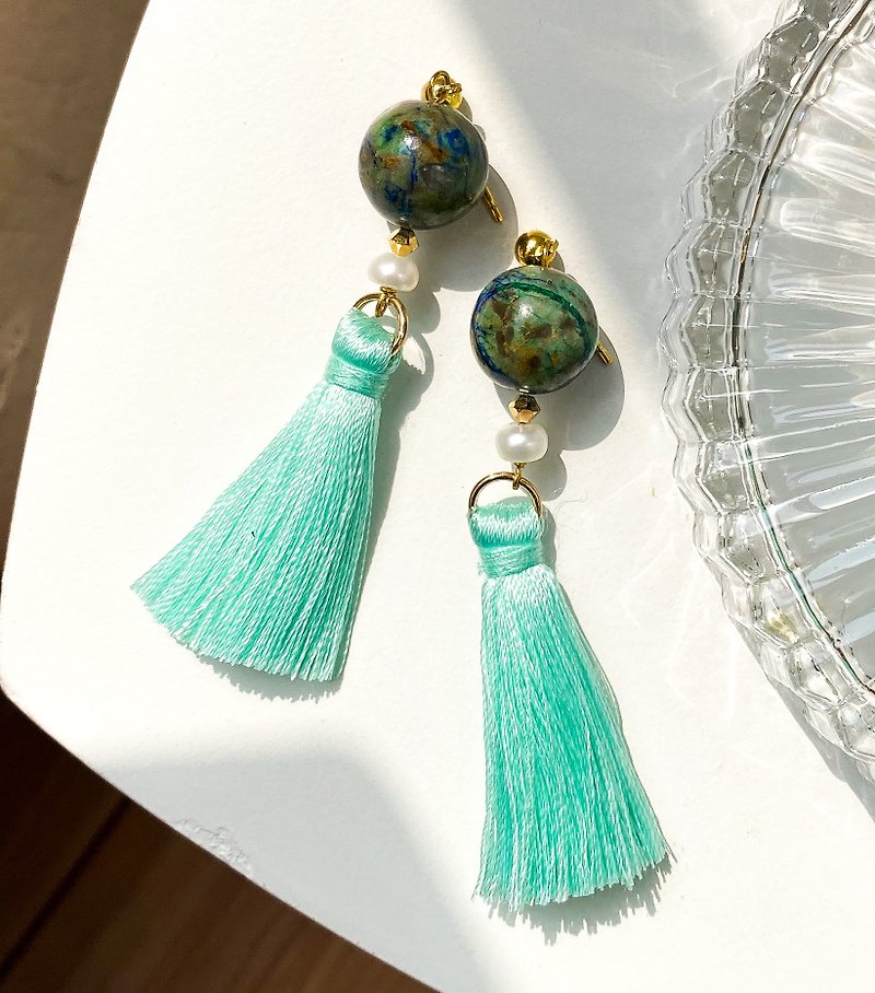 RURI | Turquoise Phoenix Stone Cyan Long Flowing Beard Earrings - Earrings & Clip-ons - Gemstone Green