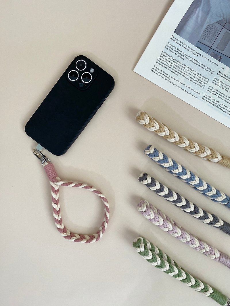 ZHII studio fishbone striped mobile phone rope hand-woven wrist rope - Phone Accessories - Cotton & Hemp Gray