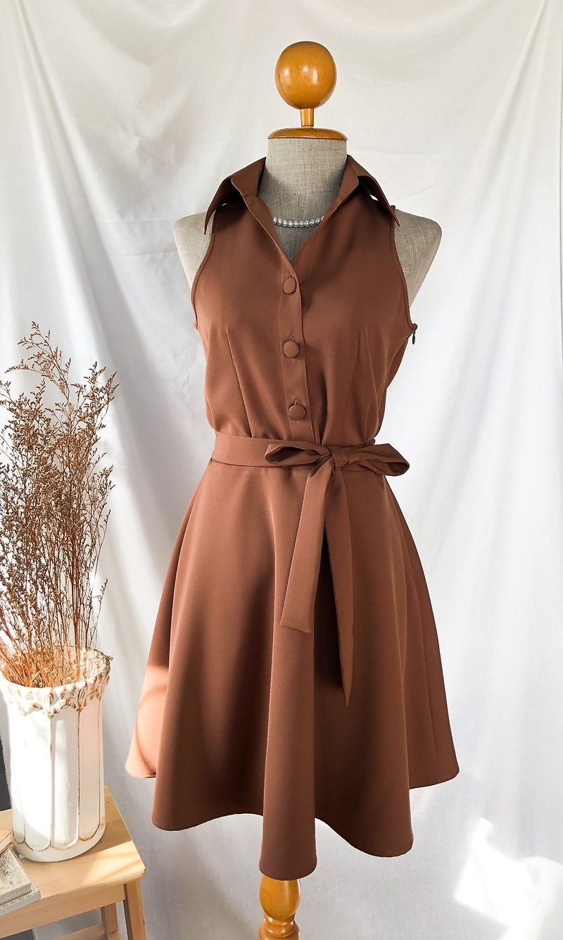 Brown shirt dress summer retro vintage sundress brown shirt prom collar dress - 洋裝/連身裙 - 聚酯纖維 咖啡色