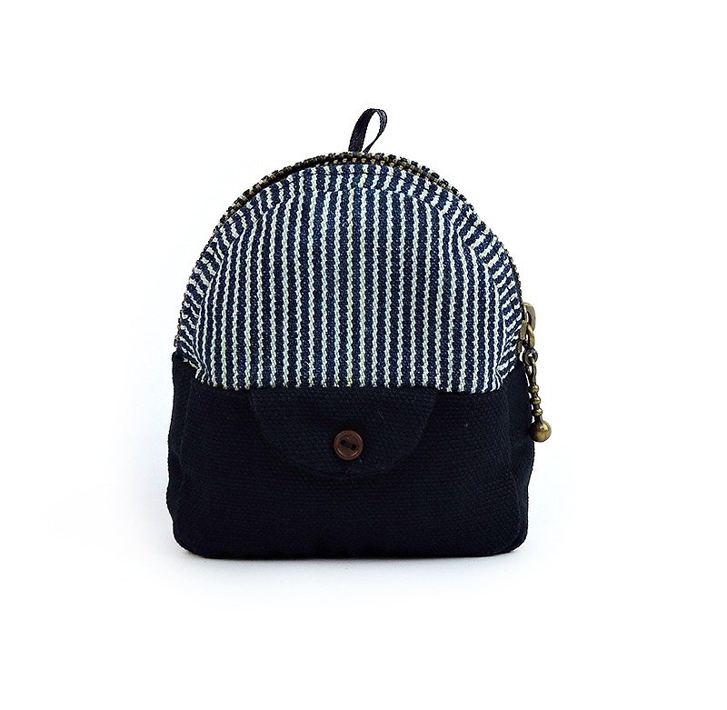 Mini backpack hand sewing purse (blue stripes) - กระเป๋าใส่เหรียญ - ผ้าฝ้าย/ผ้าลินิน สีน้ำเงิน