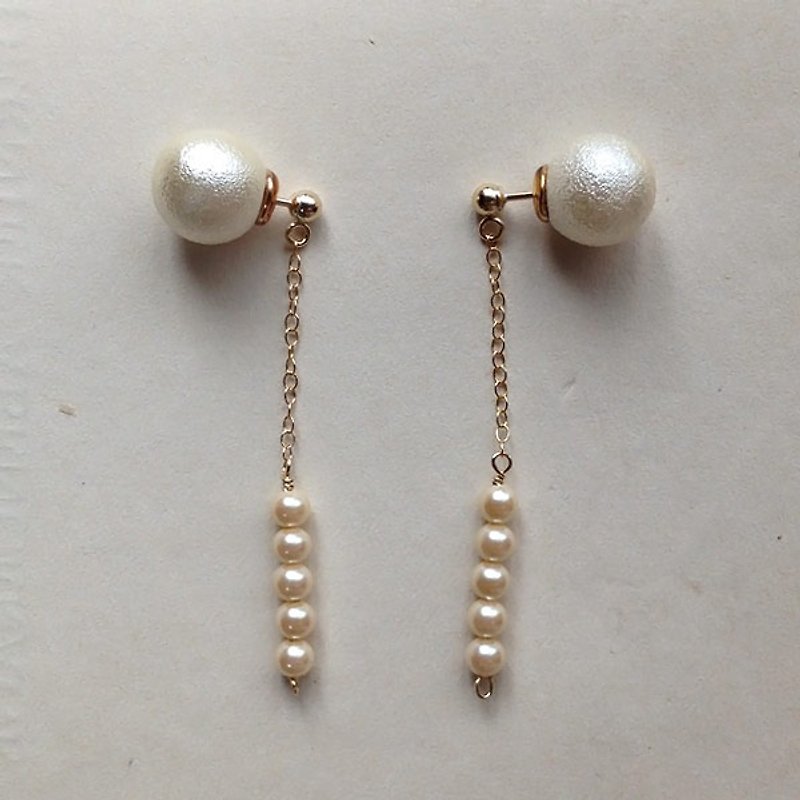 2 way 14 kgf vintage glass pearl × pearl catch pierced earrings ear needle - Earrings & Clip-ons - Glass White